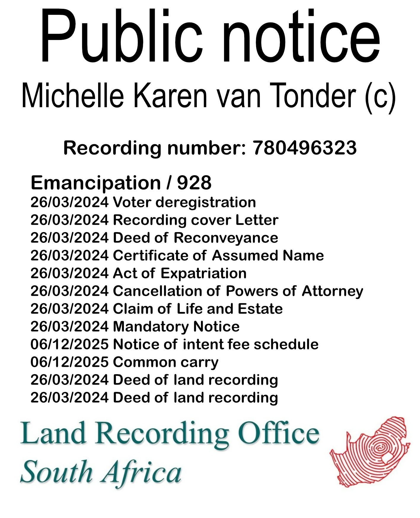 Public notice Michelle Karen van Tonder Recording number 780496323